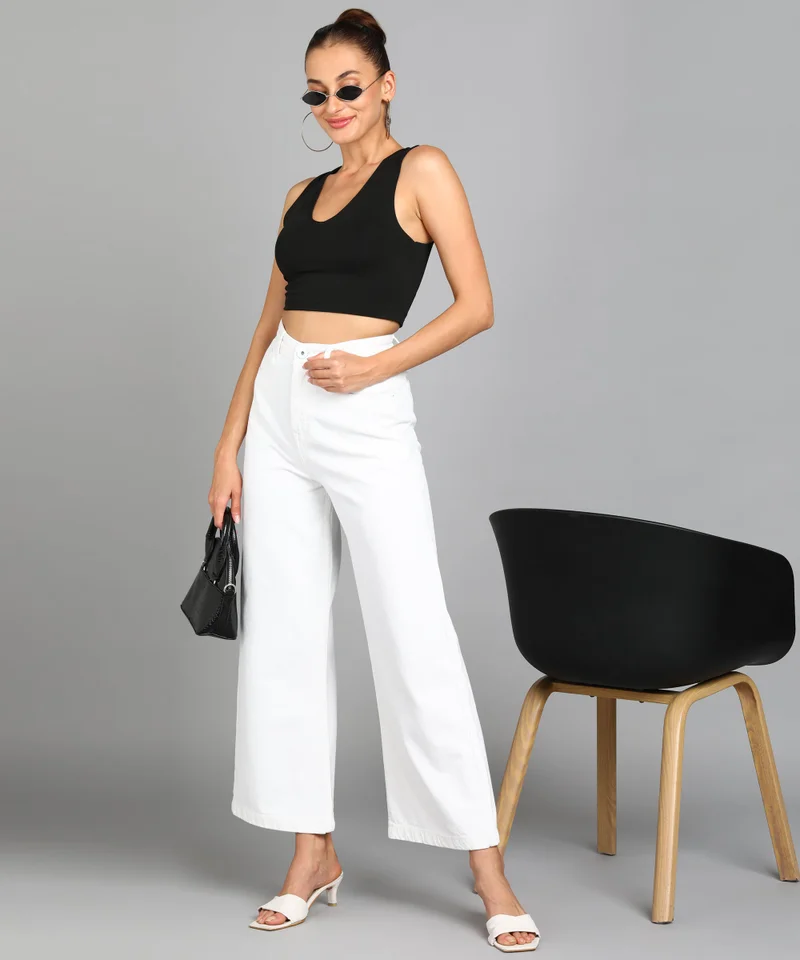 Urbano Fashion  Urbano Fashion Women's White Regular Fit Wide Leg Washed Jeans for Women | Best Price UAE